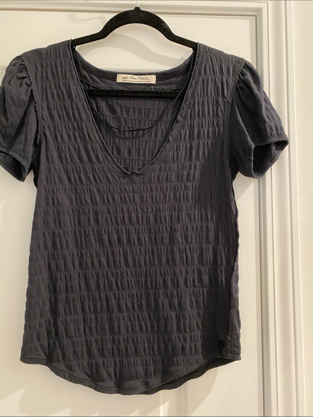 We The Free Black Textured V-Neck Short Sleeve Top with Puff Sleeves
